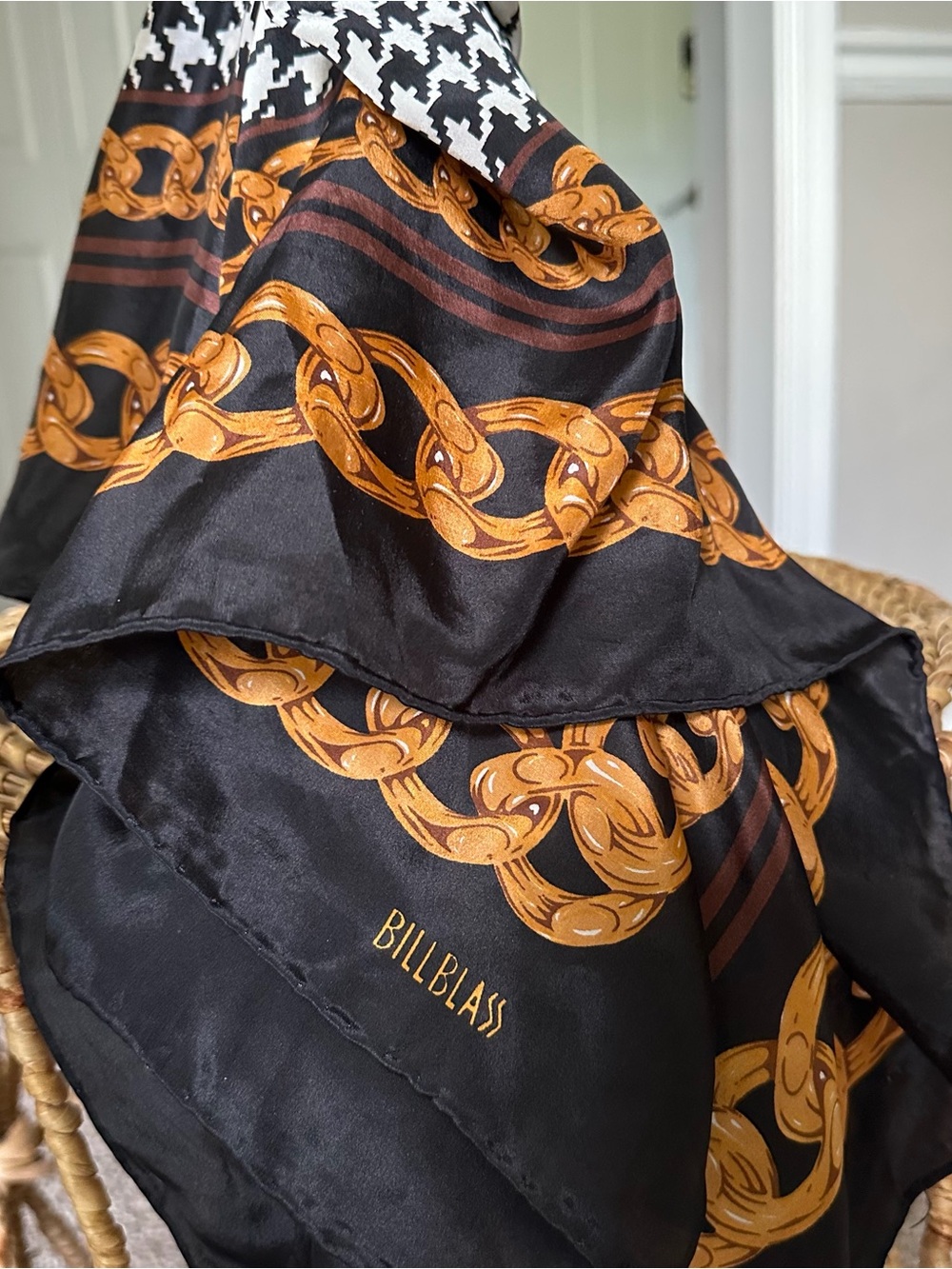 Vintage bill blass Black & Gold Chain Print Silk Scarf with Houndstooth Accent